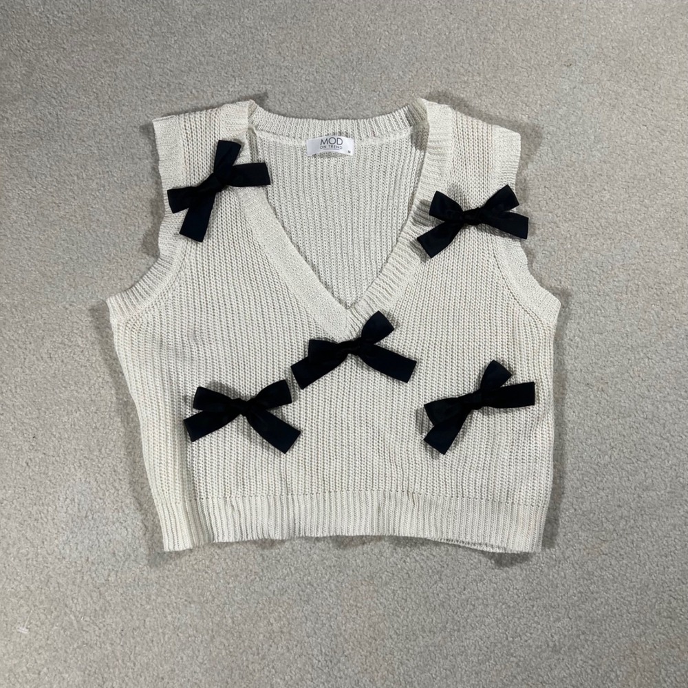 MOD ON TREND Sweater Vest Womens M Cream Black Bows Coquette Balletcore Preppy